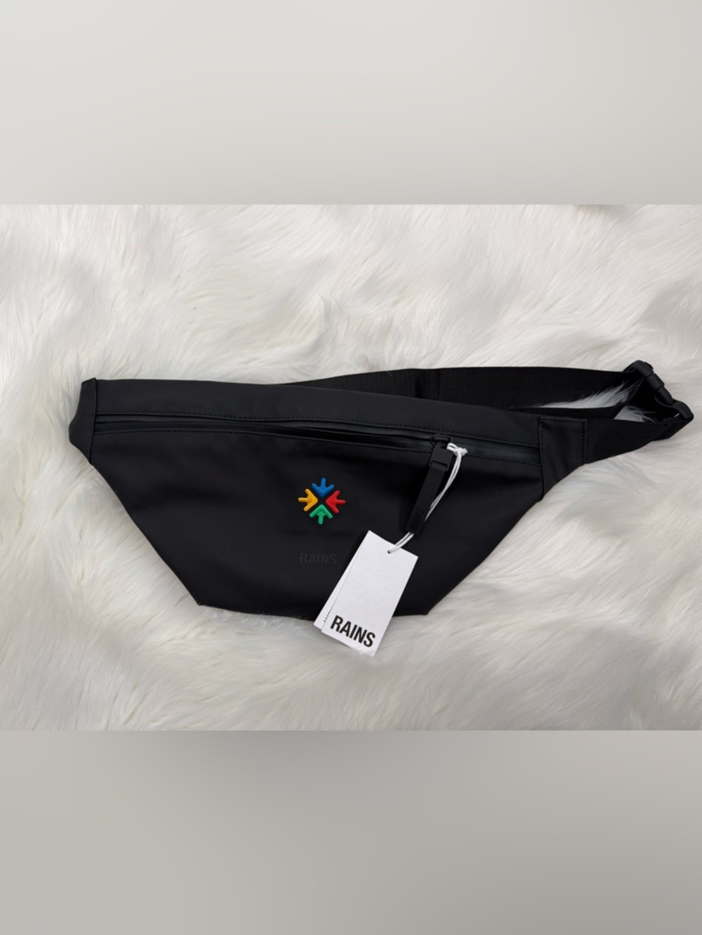RAINS Black Logo Embroidered Waist Bag
